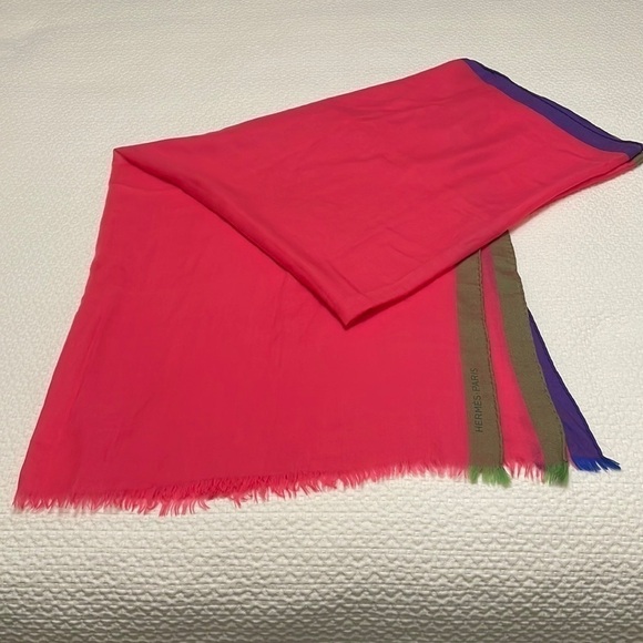 Hermes Authentic!! Hot Pink with Purple & Tan Trim Shawl or Scarf—STUNNING! EUC - Picture 1 of 10
